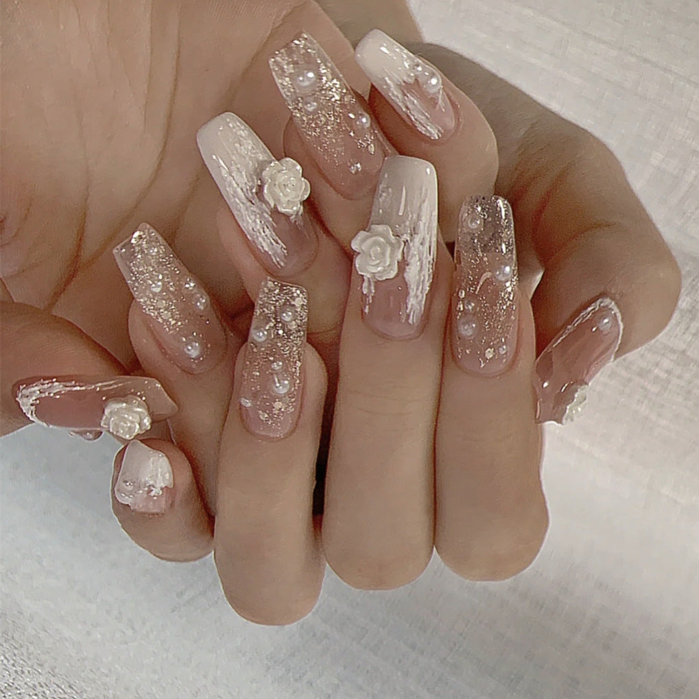 Elegant Bridal Collection Long Coffin Beige Glitter Accented 3D Rose Press On Nail Set