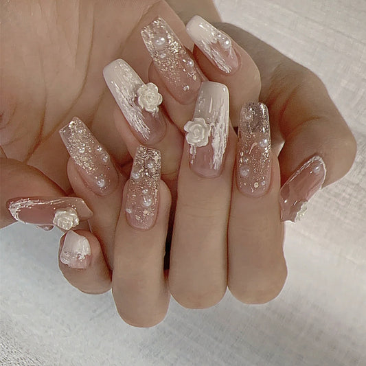 Elegant Bridal Collection Long Coffin Beige Glitter Accented 3D Rose Press On Nail Set