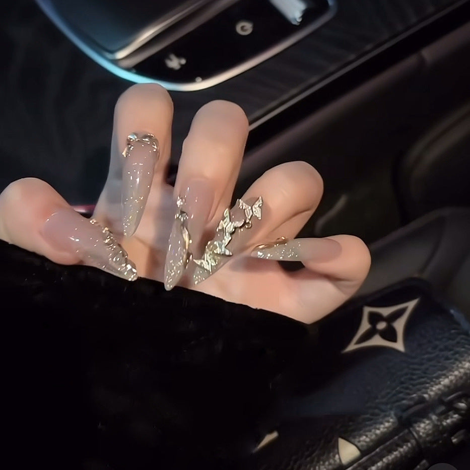 Glamorous Elegance Long Stiletto Press On Nails in Soft Beige with Unique Gold Leaf Details