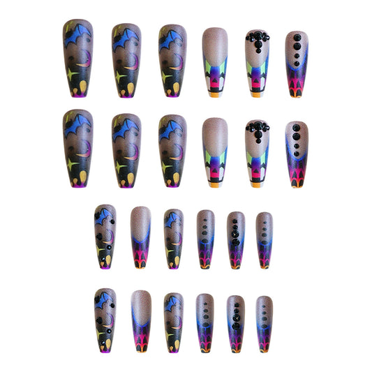 Ethereal Vibes Long Coffin Colorful Ombre with Shimmering Bat Design Press On Nail Set