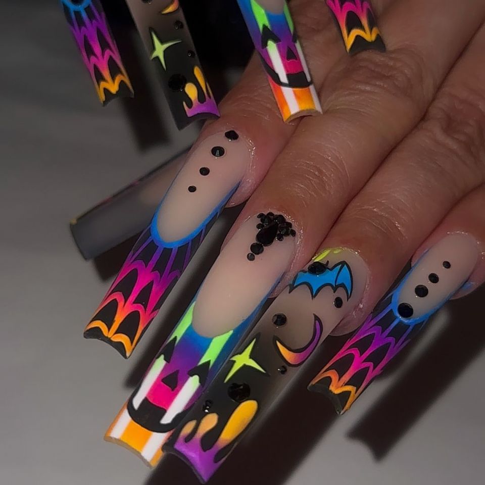 Spooky Glam Long Square Neon Gradient Press On Nail Set with Unique Spider Web Design