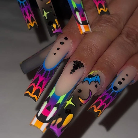 Spooky Glam Long Square Neon Gradient Press On Nail Set with Unique Spider Web Design
