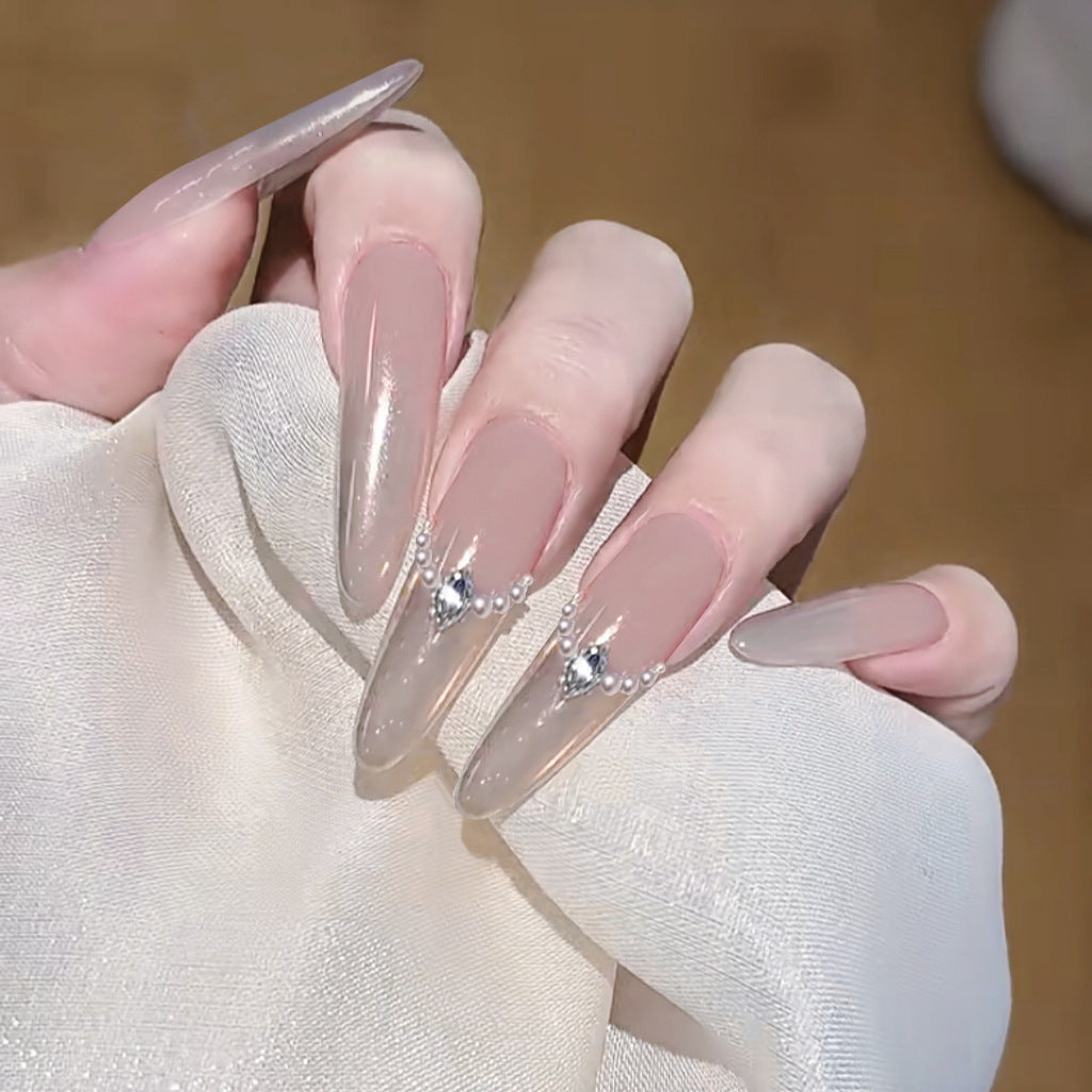 Elegant Bridal Long Almond Beige Press On Nail Set with Rhinestone Accents