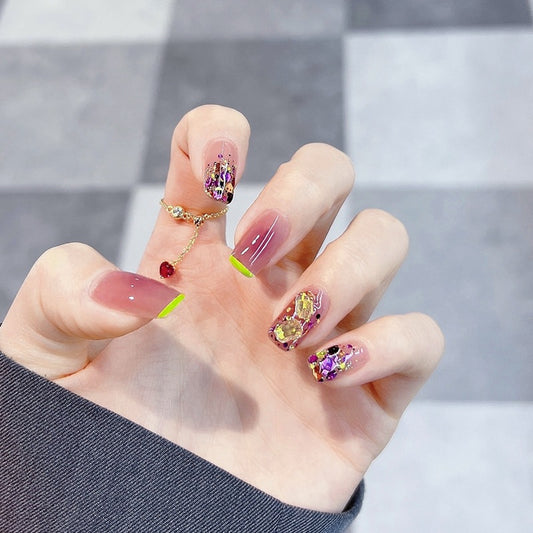 Elegant Chic Medium Coffin Gradient Pink Press On Nail Set with Glitter Accents