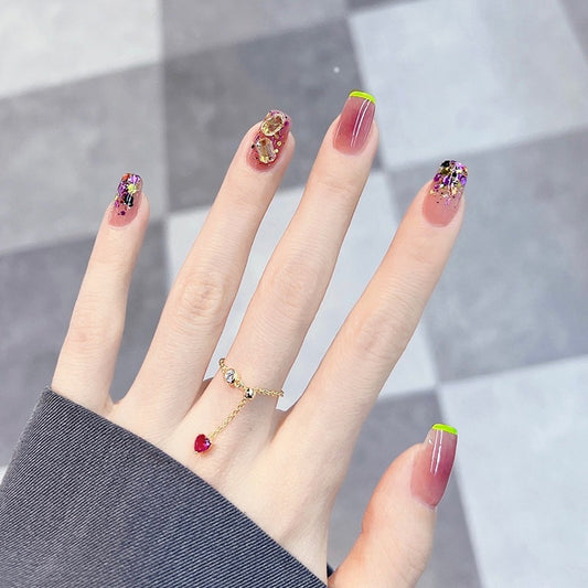 Enchanted Garden Medium Coffin Purple Ombre Press On Nails with Glitter Accents and Neon Tips