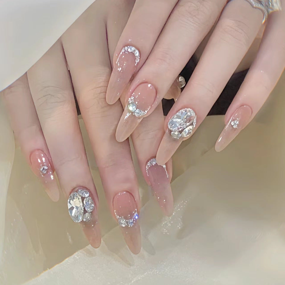 Elegant Bridal Long Almond Pale Pink Press On Nail Set with Rhinestone Accents