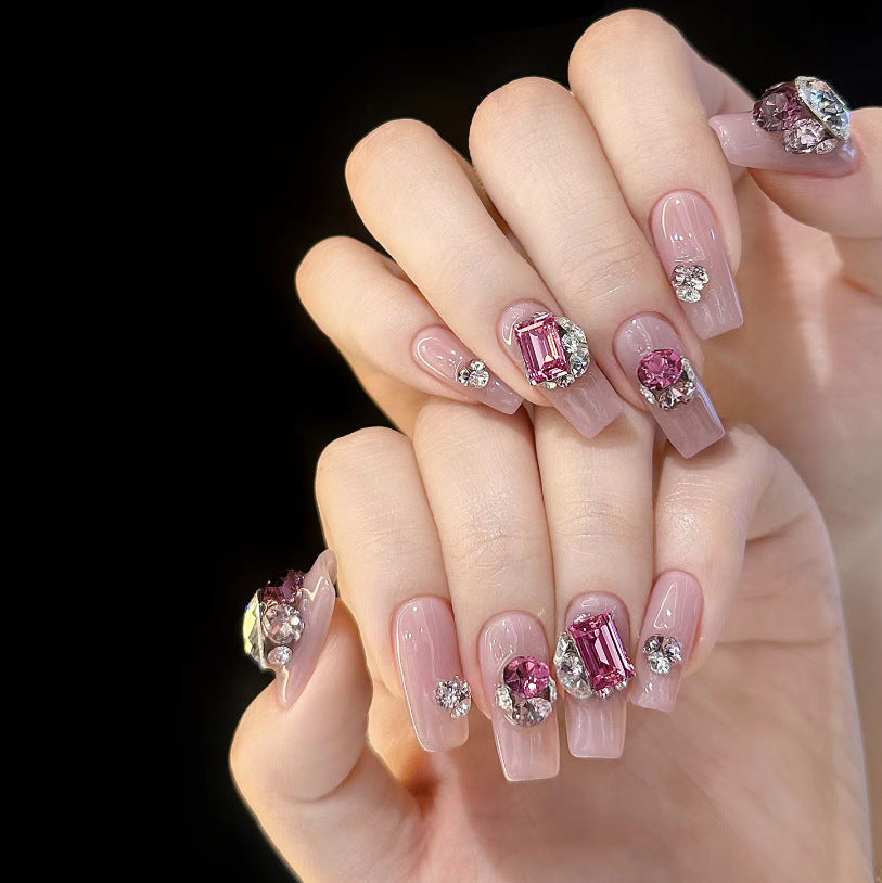 Elegant Romance Press On Nail Set Medium Square Blush Pink with Dazzling Gem Accents