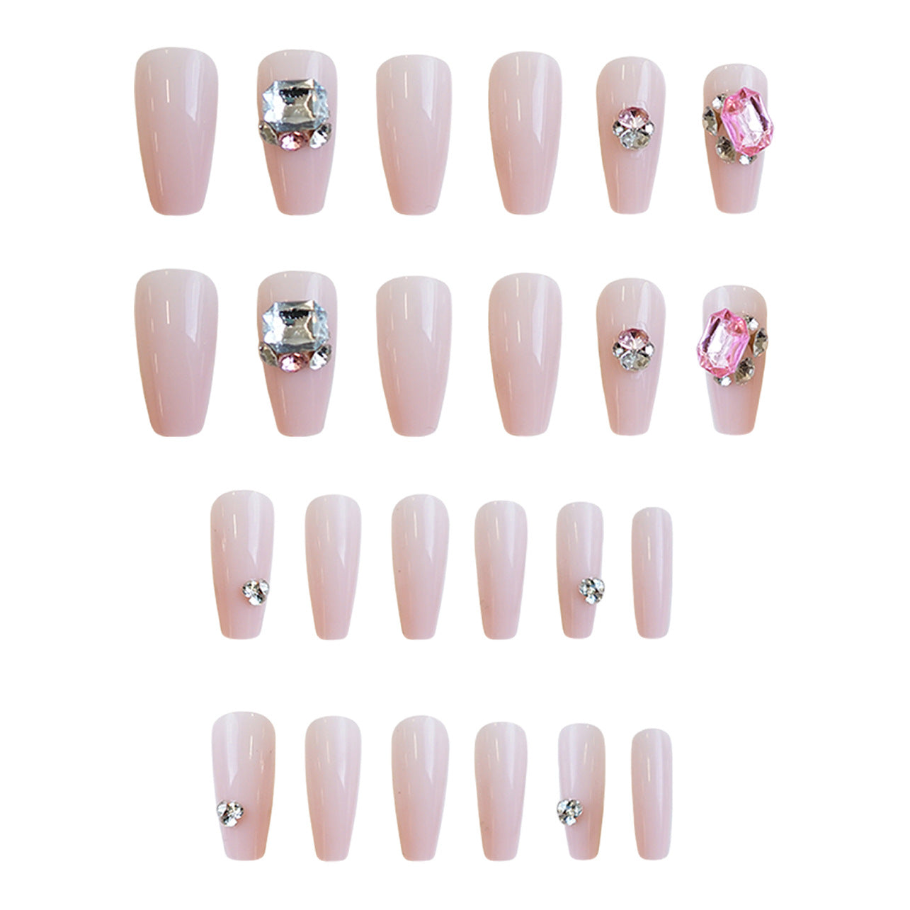 Glamorous Elegance Medium Coffin Pink Press On Nail Set with Stunning Gemstone Accents