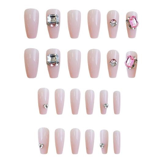 Glamorous Elegance Medium Coffin Pink Press On Nail Set with Stunning Gemstone Accents