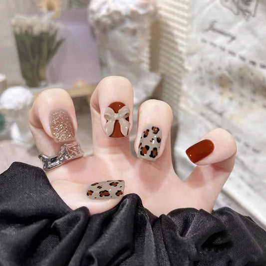 Autumn Elegance Medium-Length Square Press On Nail Set in Warm Earth Tones with Glitter and Leopard Print Accents
