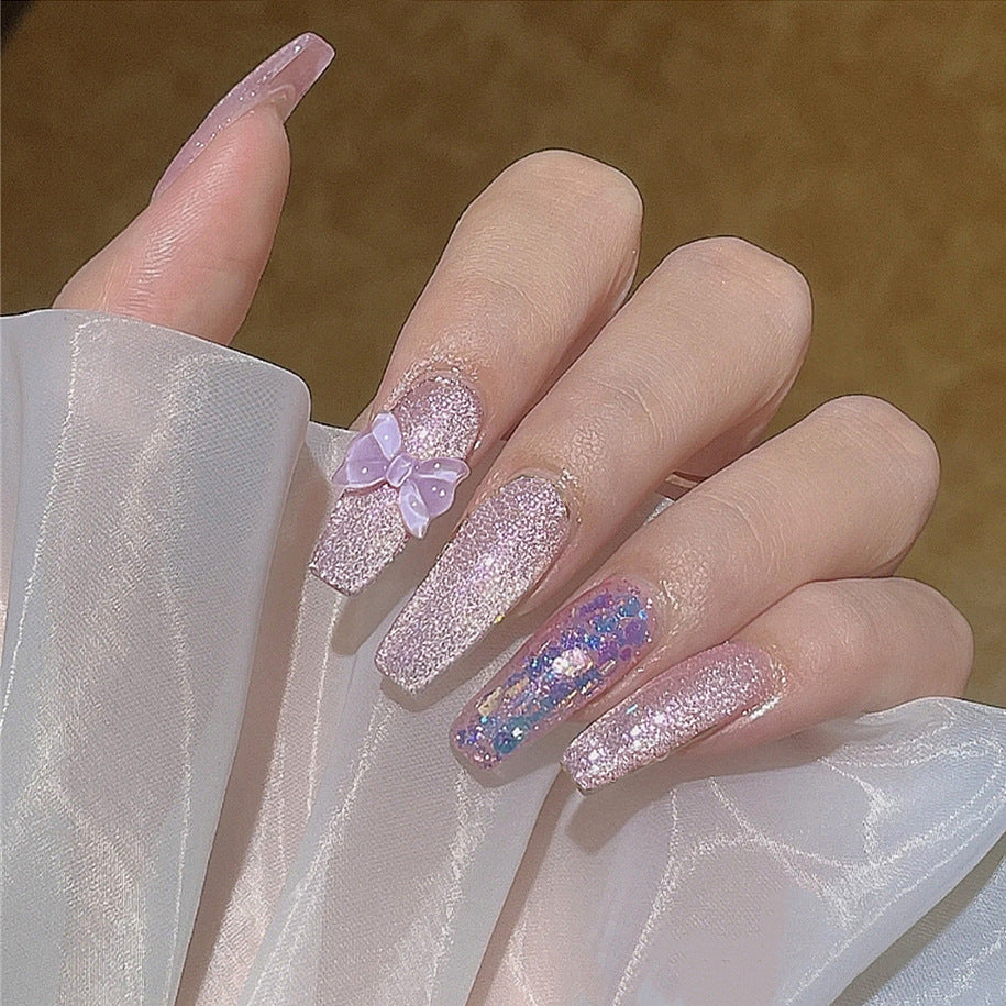 Enchanted Evening Long Coffin Sparkling Lilac Press On Nails with 3D Bow Detail