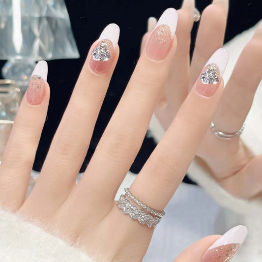 Glamorous Heartfelt Elegance Long Oval White and Pink Ombre Press On Nail Set with Stunning Heart Rhinestones