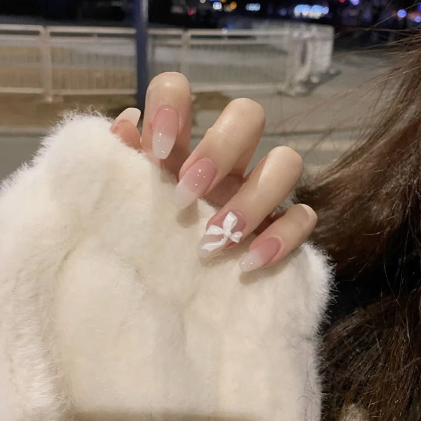 Winter Elegance Long Coffin Ombre Pink Press On Nail Set with Rhinestone Bow Accent