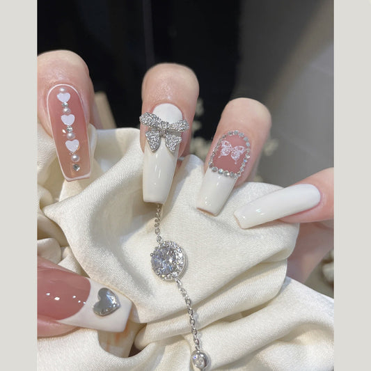 Elegant Bridal Bliss Long Coffin Shape Ivory Press On Nails with Rhinestone Accents and Charming Bow Design