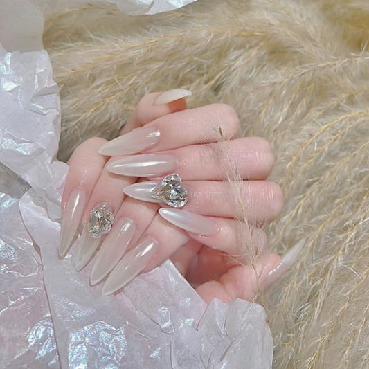 Enchanting Elegance Extra Long Almond Ombre Beige Press On Nails with Rhinestone Accents