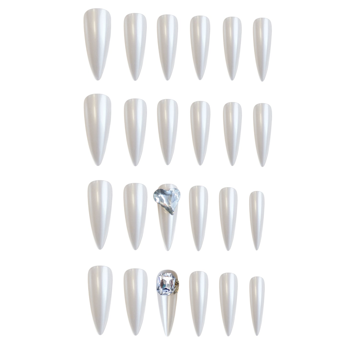 Glamorous Elegance Long Stiletto White Press On Nail Set with Stunning Gemstone Accent