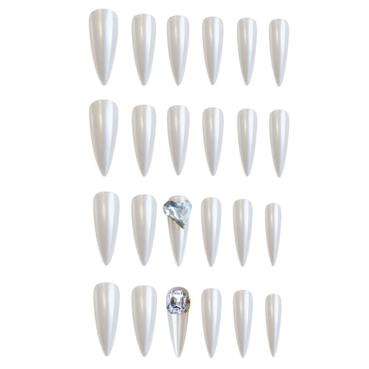 Glamorous Elegance Long Stiletto White Press On Nail Set with Stunning Gemstone Accent