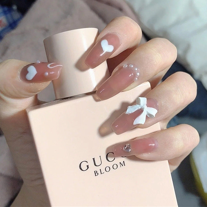 Romantic Blossom Collection Long Coffin Beige Press On Nails with 3D Flower Accents and Rhinestone Embellishments