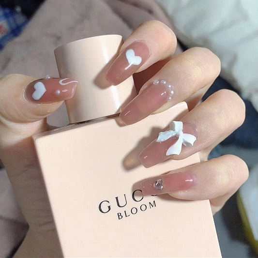 Romantic Blossom Collection Long Coffin Beige Press On Nails with 3D Flower Accents and Rhinestone Embellishments