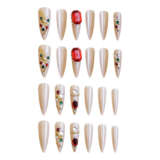 Festive Glamour Long Stiletto Beige Press On Nail Set with Stunning Gemstone Embellishments