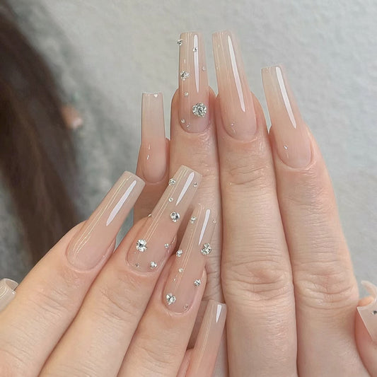 Chic Elegance Long Coffin Glossy Beige Press On Nail Set with Sparkling Rhinestones