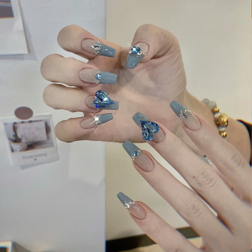 Enchanted Evening Long Coffin Shaped Blue Gray Press On Nail Set with Sparkling Embellishments