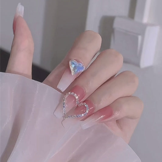 Enchanted Elegance Extra Long Coffin Ombre Pink Press On Nail Set with Rhinestone Accents