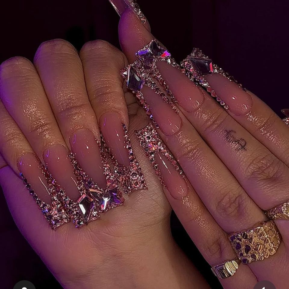 Glamorous Enchantment Long Square Blush Pink Press-On Nail Set with Sparkling Gemstone Accents