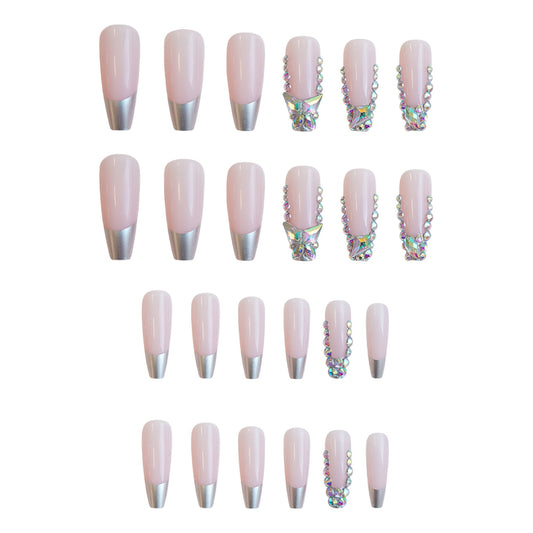 Ethereal Elegance Long Coffin Shaped Soft Pink with Sparkling Rhinestone Accents Press On Nail Set