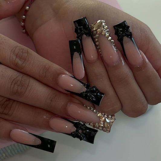 Glamorous Elegance Long Square Black and Beige Press-On Nail Set with Stunning Rhinestone Accents