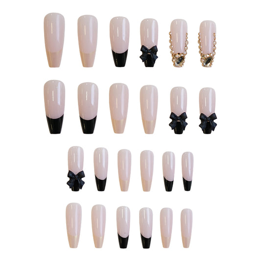 Elegant Nightfall Long Coffin Pink and Black Press-On Nail Set with Bow and Jewel Accents