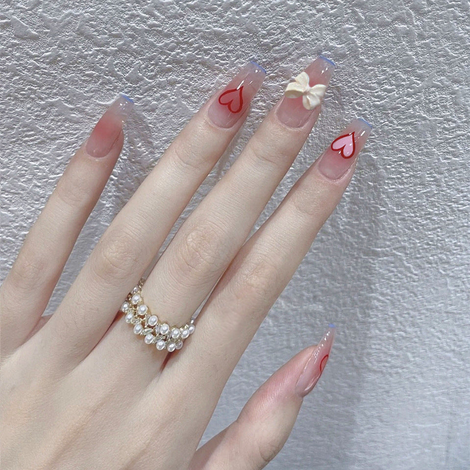Vintage Romance Long Coffin Ombre Press On Nails with Heart Accents and 3D Bow Embellishment
