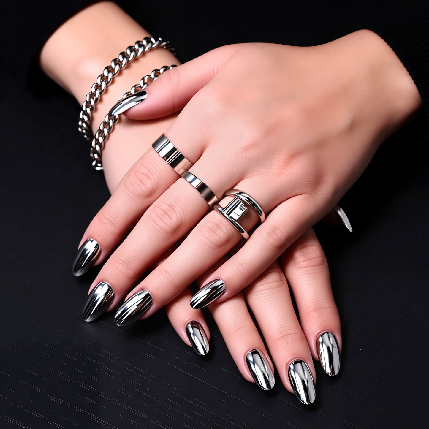 Glamorous Allure Long Oval Shaped Metallic Silver Press On Nail Set with Mirror Finish