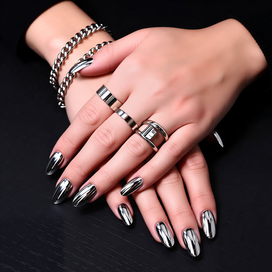 Glamorous Allure Long Oval Shaped Metallic Silver Press On Nail Set with Mirror Finish