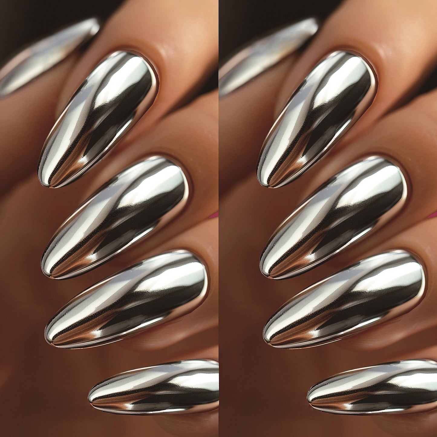 Glamorous Metallic Medium Almond Shaped Silver Press on Nail Set with High Shine Finish