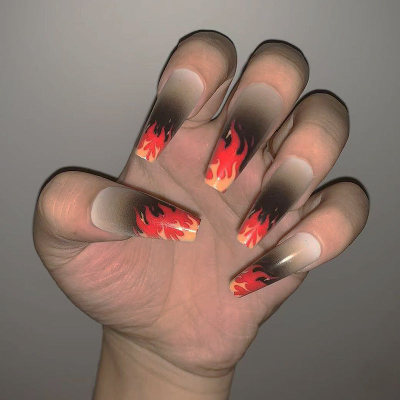 Blazing Summer Long Coffin Black and Orange Flame Pattern Press On Nail Set