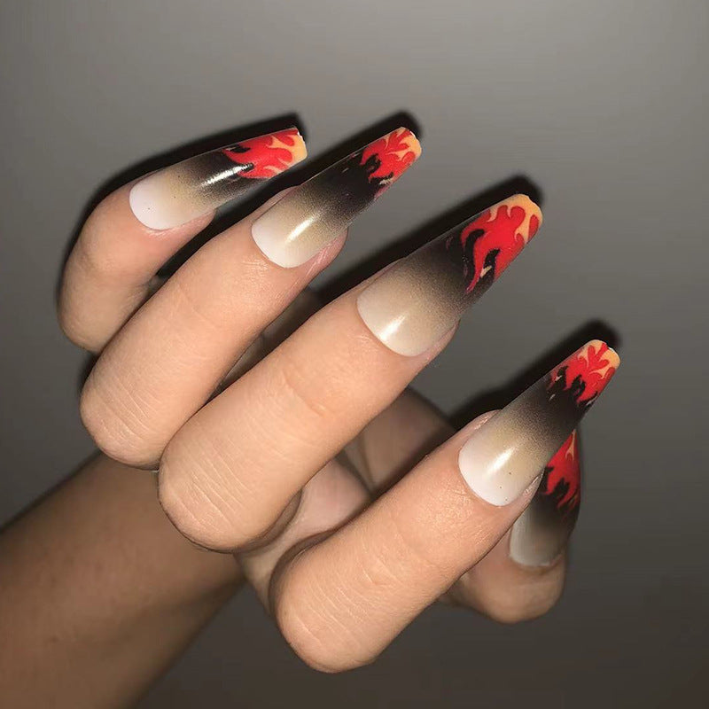 Firestarter Long Coffin Ombre Black Red Flame Design Press On Nail Set