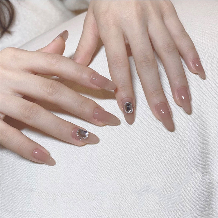 Elegant Crystal Charm Medium Almond Beige Press On Nail Set with Rhinestone Accents