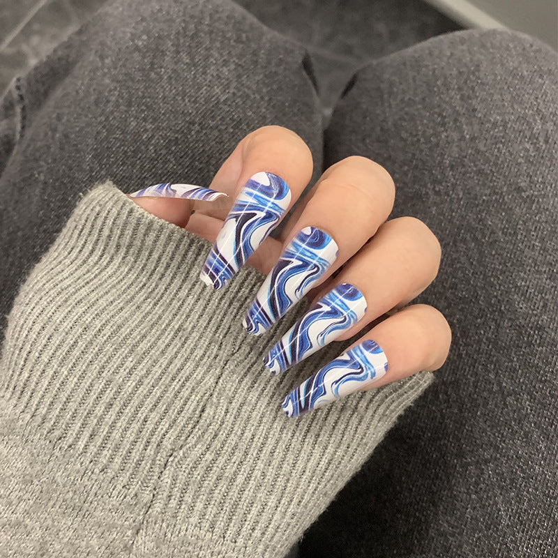 Nautical Bliss Long Coffin Shape Blue and White Swirl Press On Nail Set with Plaid Accent Design