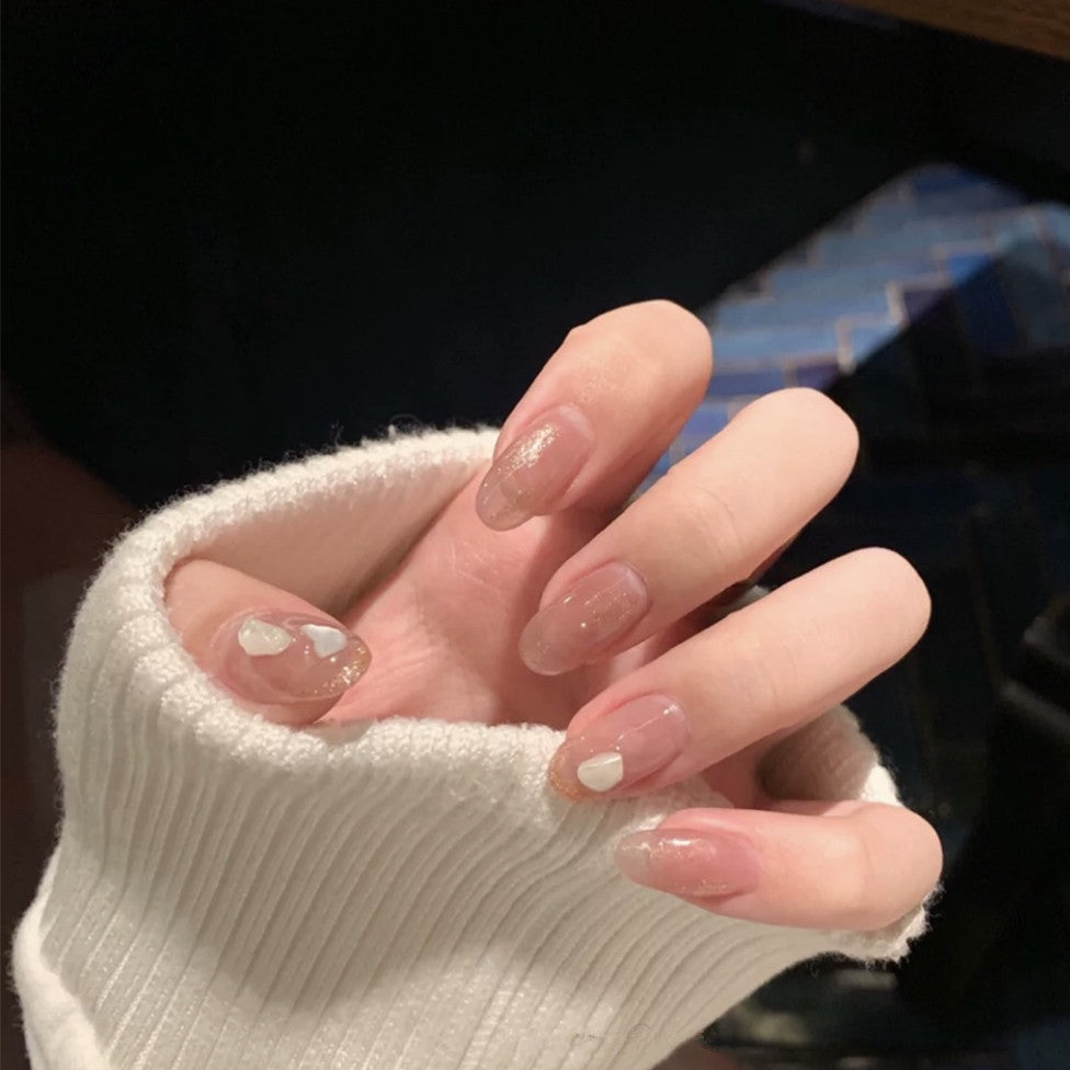 Elegant Bridal Collection Medium Oval Beige Press On Nails with Accent Glitter Design