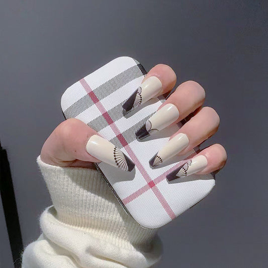 Classic Tartan Elegance Long Coffin Beige Press On Nails with Plaid Accent Design