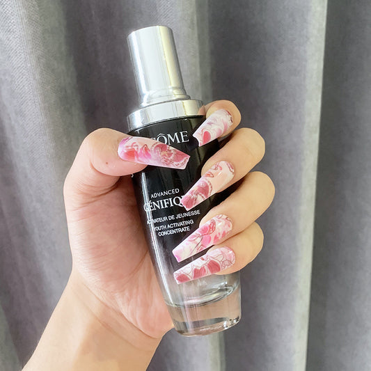 Enchanted Rose Garden Extra-Long Coffin Pink Marble Press On Nails with Floral Accents