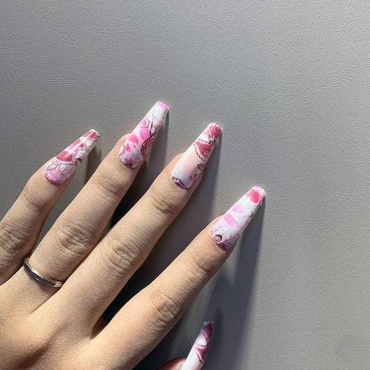 Elegant Marbled Elegance Long Coffin Pink Swirl Press On Nails with Accent Rose Design