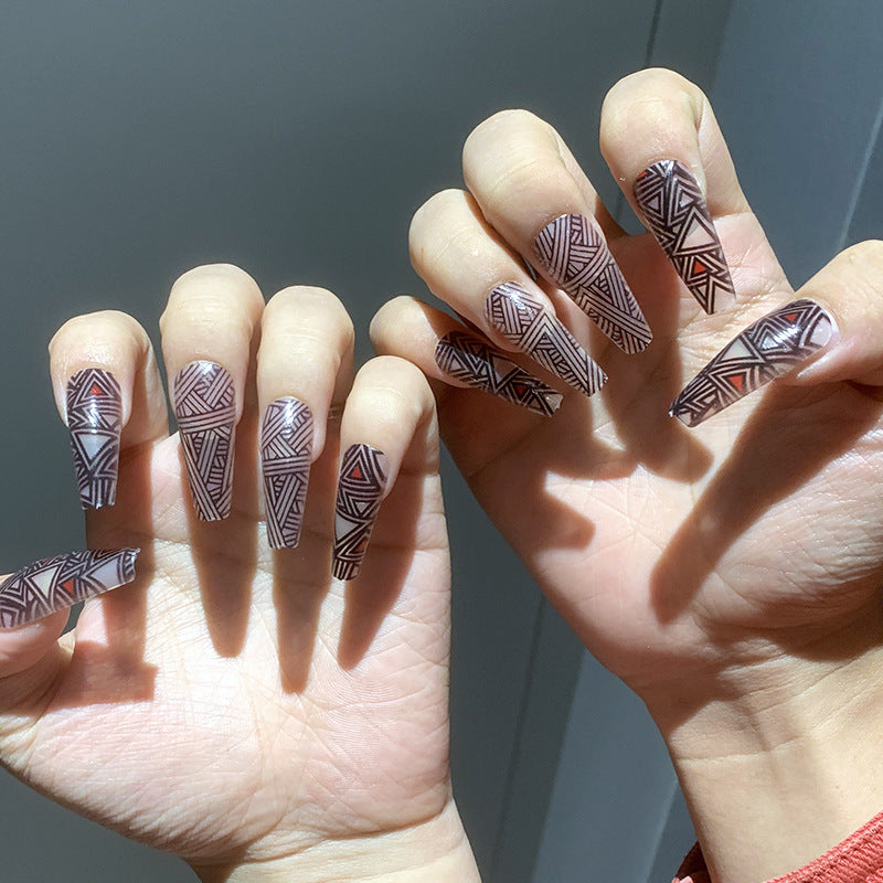 Boho Chic Long Coffin Maroon Tribal Pattern Press On Nail Set