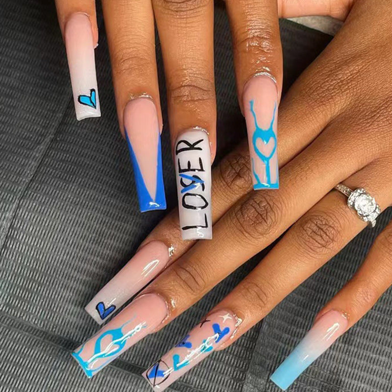 Romantic Affair Extra-Long Coffin Press-On Nail Set, Ombre Pink to Blue with Love Message Design