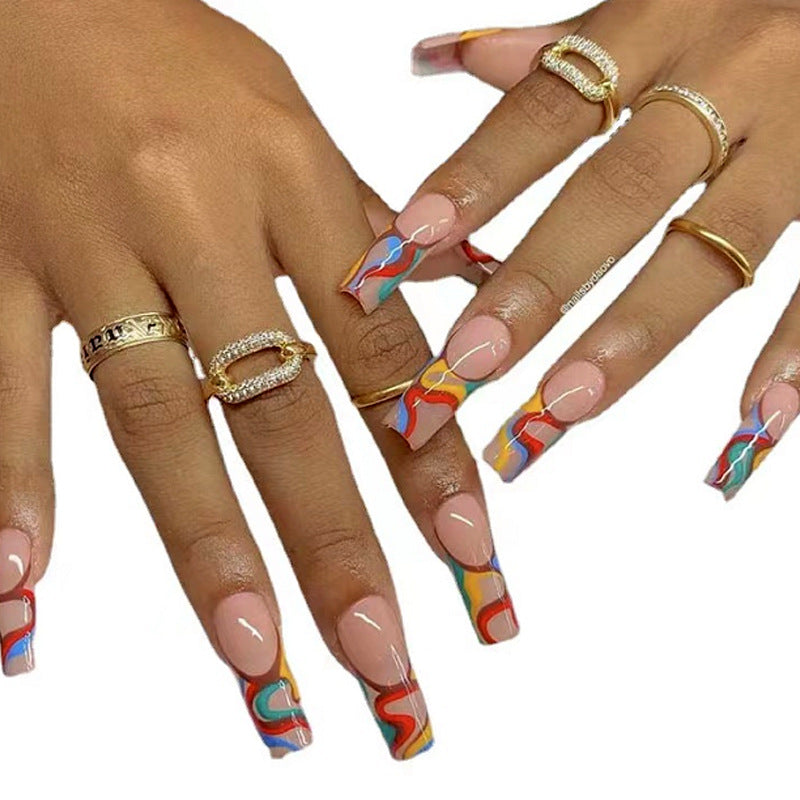 Abstract Art Long Coffin Shape Multicolor Press On Nail Set with Swirl Accents