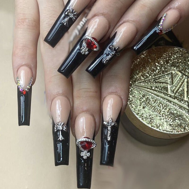 Gothic Glamour Extra Long Coffin Black Press On Nails with Sparkling Gem Accents