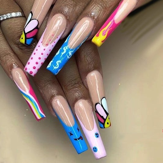 Fantasy Whimsy Extra Long Coffin Shape Press On Nails with Pastel Cartoon Art Design
