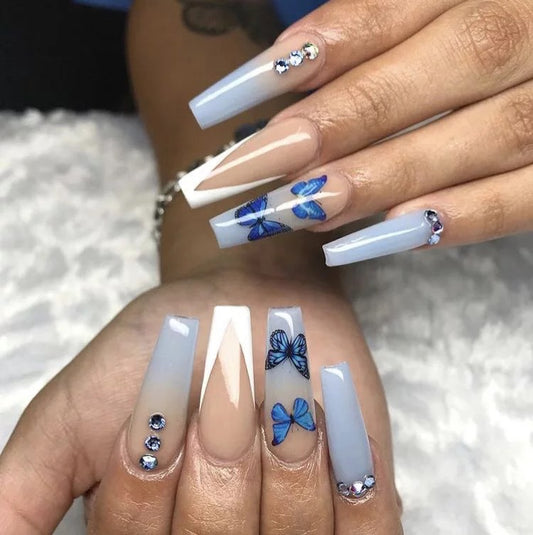 Butterfly Bliss Long Coffin Gradient Blue Press On Nail Set with Rhinestone Embellishments