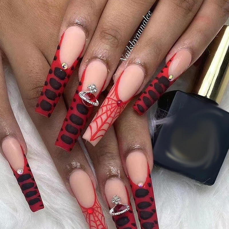 Queen of Hearts Long Coffin Red Press-On Nails with Black Accents and Rhinestone Embellishments